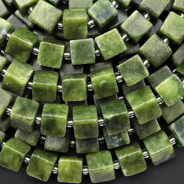 Natural Green Serpentine Jade 8mm Smooth Cube Dice Gemstone Beads 15.5" Strand