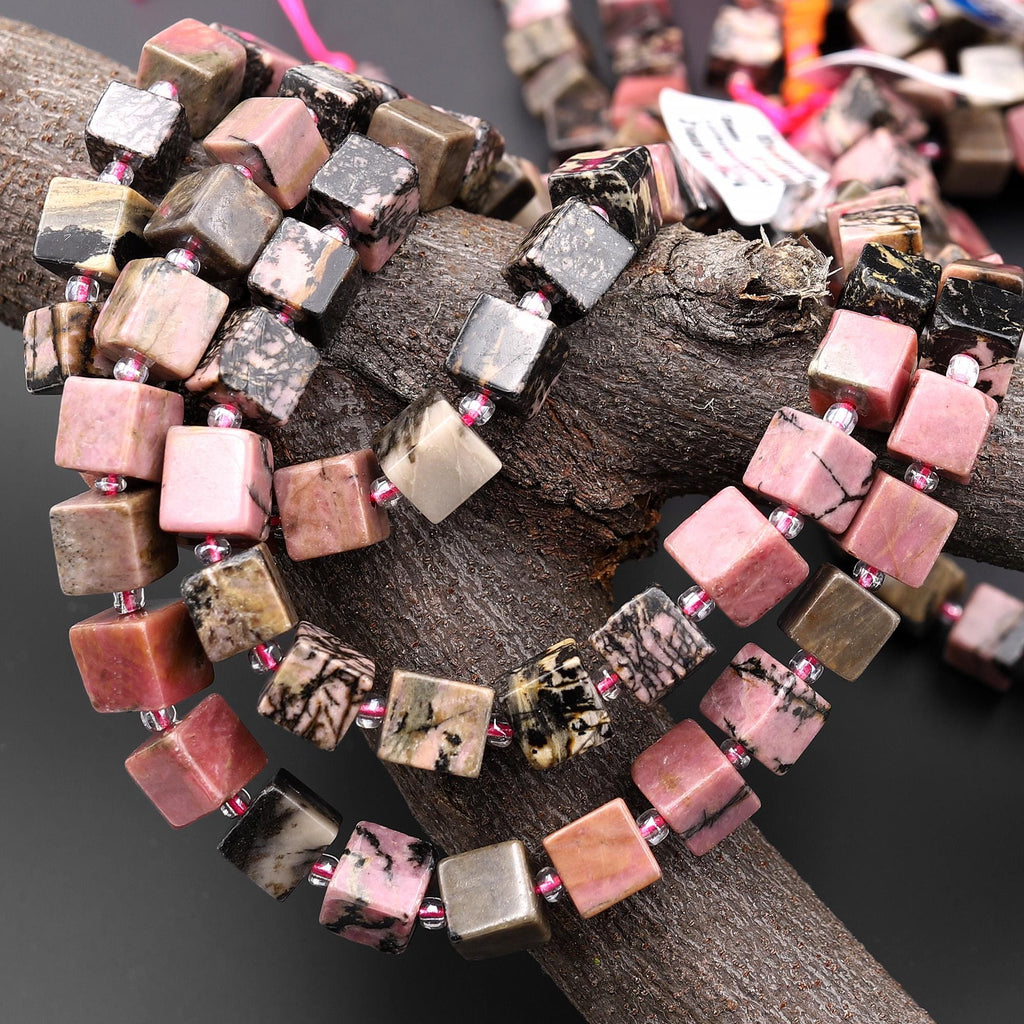 Natural Rhodonite 8mm Smooth Cube Dice Gemstone Beads 15.5" Strand