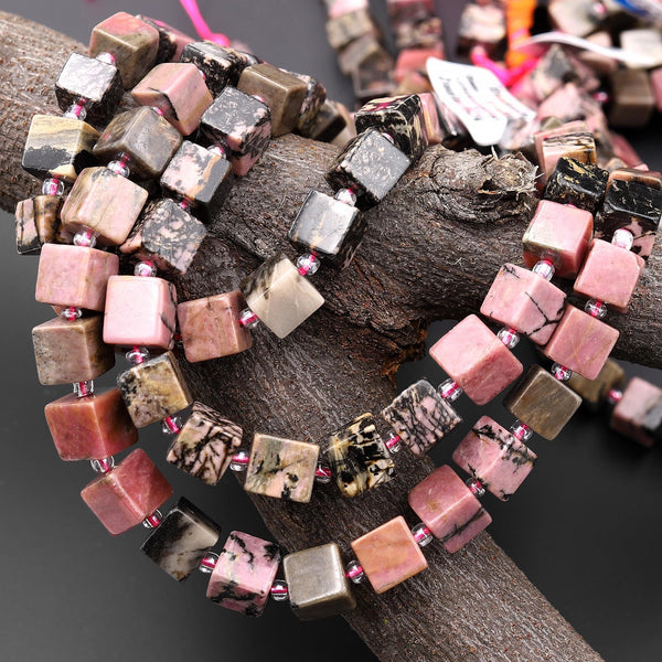 Natural Rhodonite 8mm Smooth Cube Dice Gemstone Beads 15.5" Strand