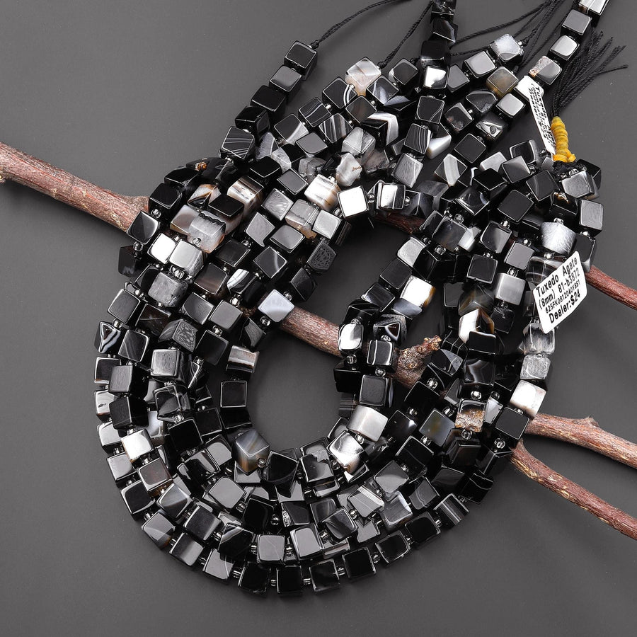 Natural Black Tuxedo Agate 8mm Smooth Cube Dice Gemstone Beads 15.5" Strand