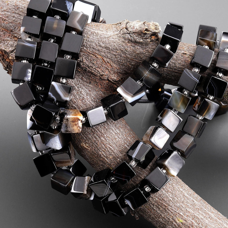 Natural Black Tuxedo Agate 8mm Smooth Cube Dice Gemstone Beads 15.5" Strand