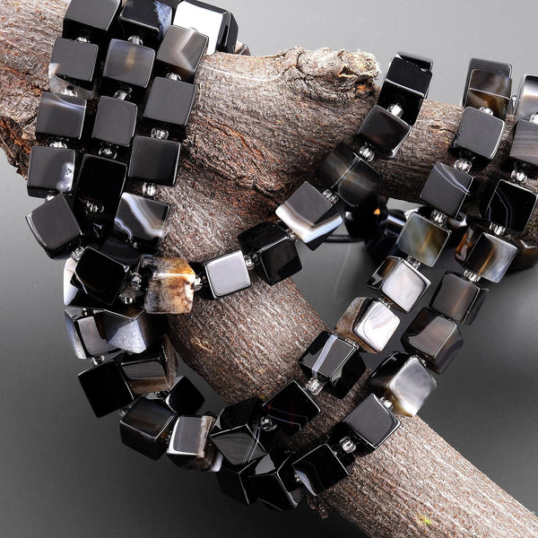 Natural Black Tuxedo Agate 8mm Smooth Cube Dice Gemstone Beads 15.5" Strand