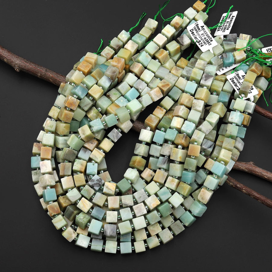 Natural Multicolor Blue Green Yellow Amazonite 8mm Smooth Cube Dice Gemstone Beads 15.5" Strand
