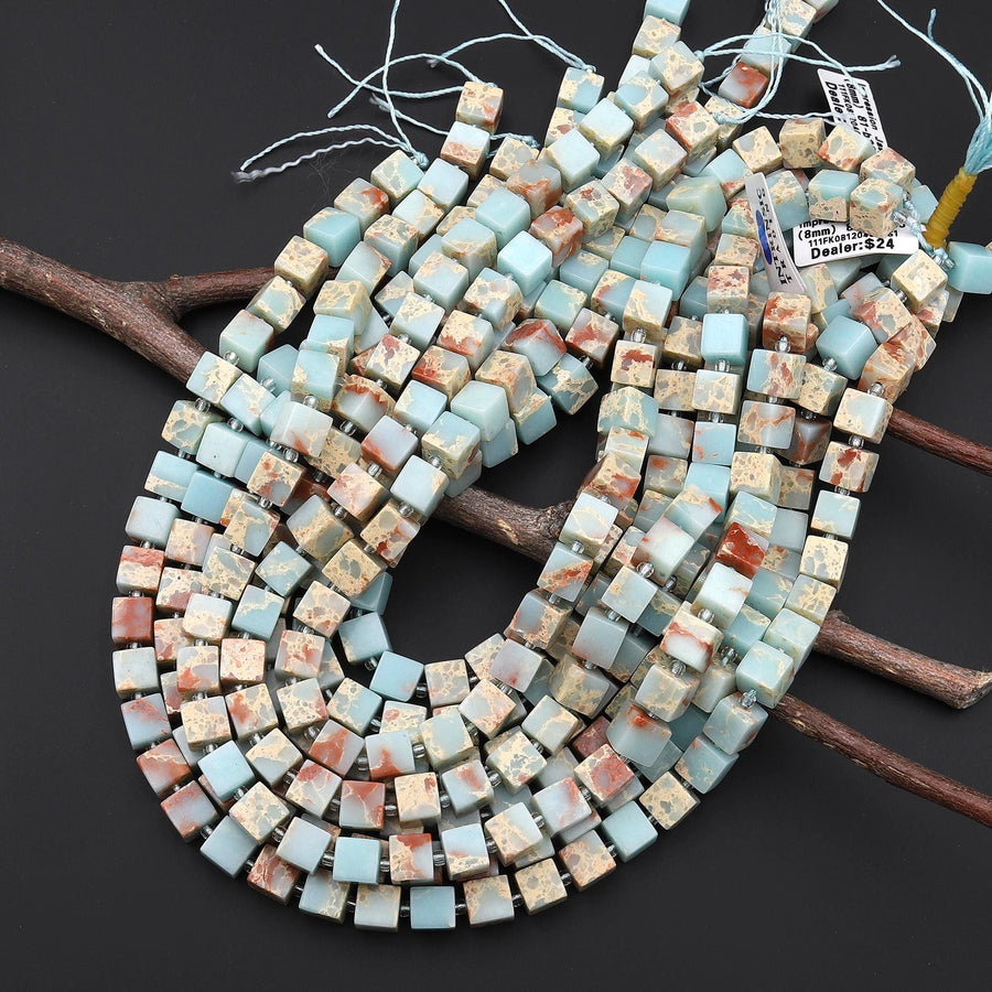 Natural Impression Jasper 8mm Smooth Cube Dice Gemstone Beads 15.5" Strand