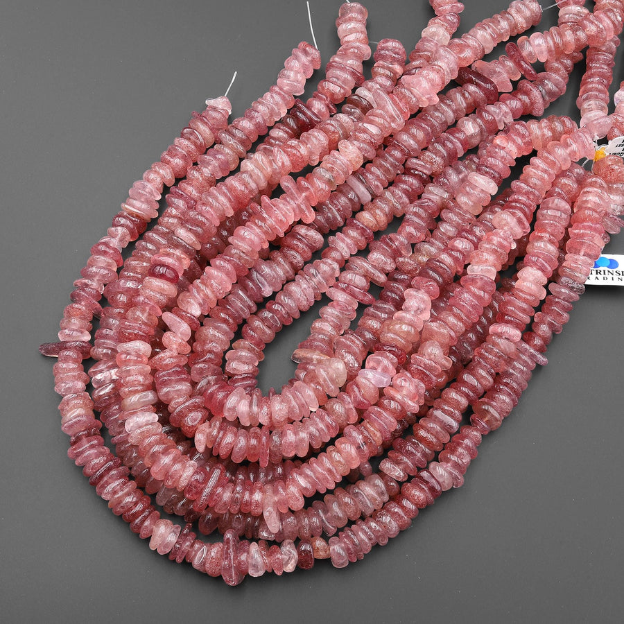 Natural Strawberry Quartz Freeform Center Drilled 10mm 12mm Rondelle Disc Beads 15.5" Strand