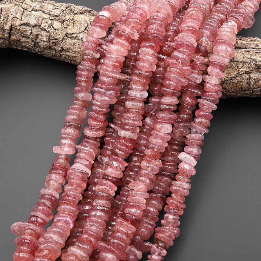 Natural Strawberry Quartz Freeform Center Drilled 10mm 12mm Rondelle Disc Beads 15.5" Strand