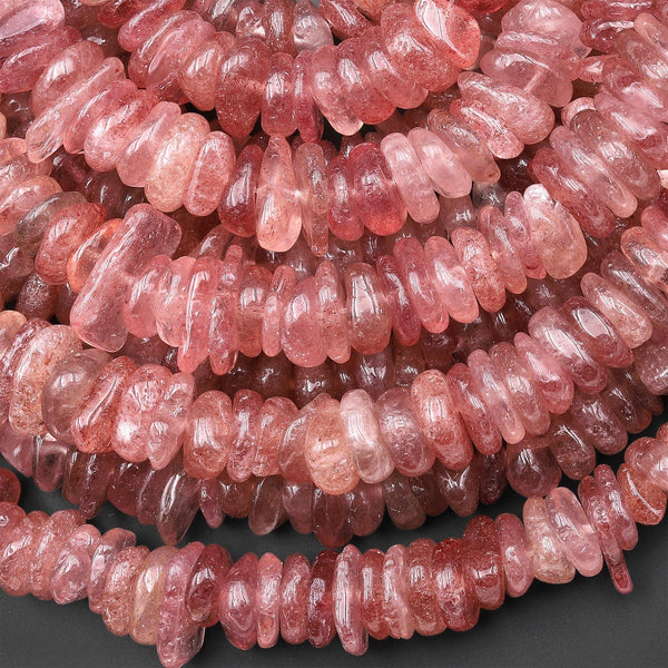 Natural Strawberry Quartz Freeform Center Drilled 10mm 12mm Rondelle Disc Beads 15.5" Strand
