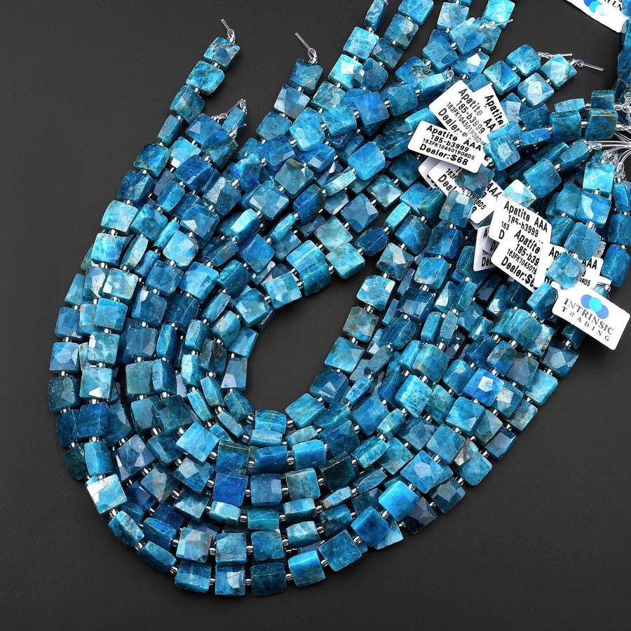 AAA Faceted Natural Blue Apatite Cushion Square Beads 10mm Gemstone 15.5" Strand