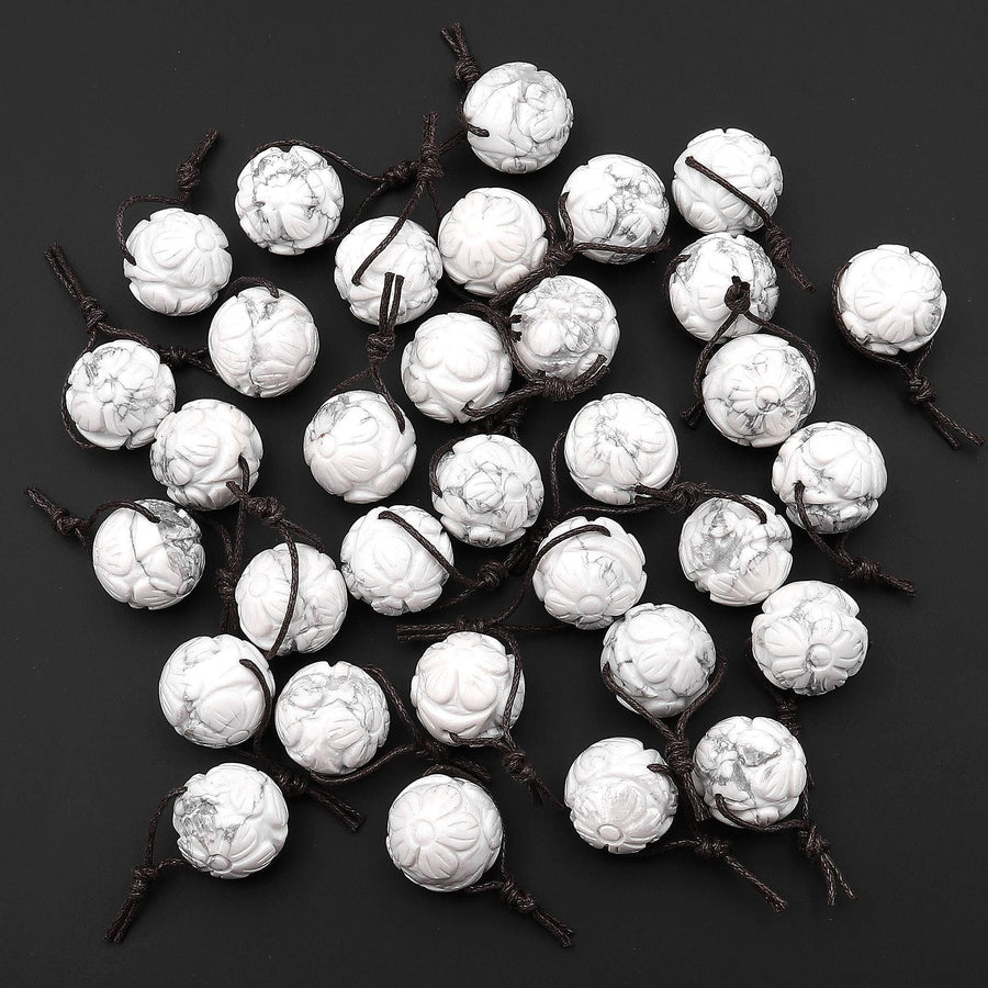 AAA Hand Carved Natural White Howlite Cherry Blossom Flower 3-D 18mm Round Bead