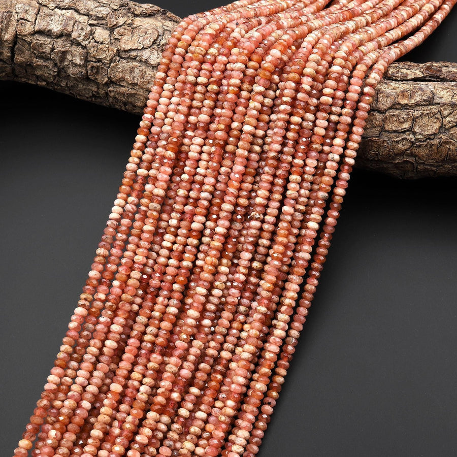 Faceted Natural Rhodochrosite 4mm Thin Rondelle Gemstone Beads 15.5" Strand