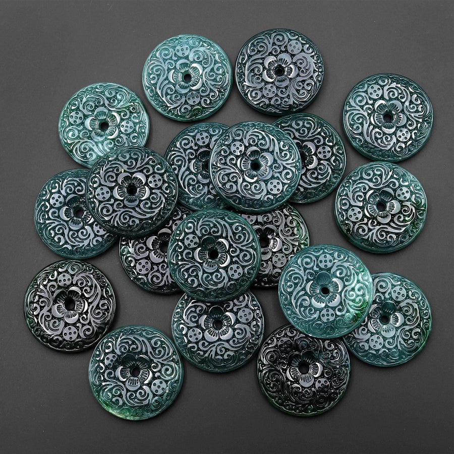 Hand Carved Natural Dark Blue Green Guatemalan Jade Flower Center Drilled 28mm Donut Gemstone Pendant