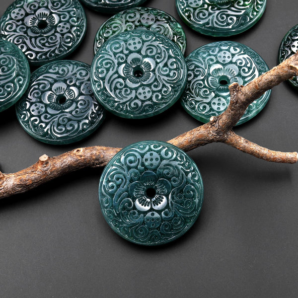 Hand Carved Natural Dark Blue Green Guatemalan Jade Flower Center Drilled 28mm Donut Gemstone Pendant A1