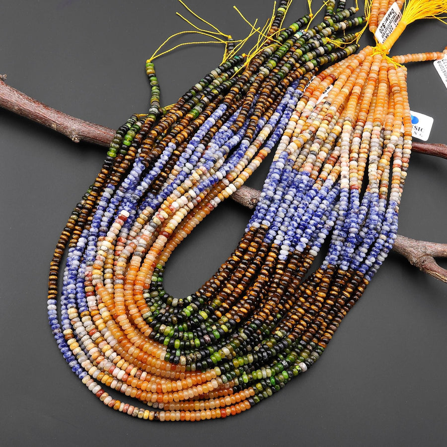 Multicolor Natural Gemstone 4mm Smooth Rondelle Beads Orange Aventurine Blue Sodalite Green Jade Yellow Lace Agate Tiger's Eye 15.5" Strand