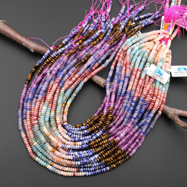 Multicolor Natural Gemstone 4mm Smooth Rondelle Beads Pink Rose Quartz Amazonite Rhodonite Amethyst Blue Sodalite Tiger's Eye 15.5" Strand