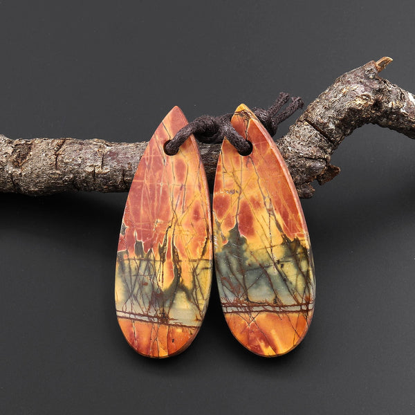Hand Cut Natural Red Creek Jasper Smooth Flat Teardrop Earring Pendant Bead Pair Aka Multicolor Picasso Jasper A2