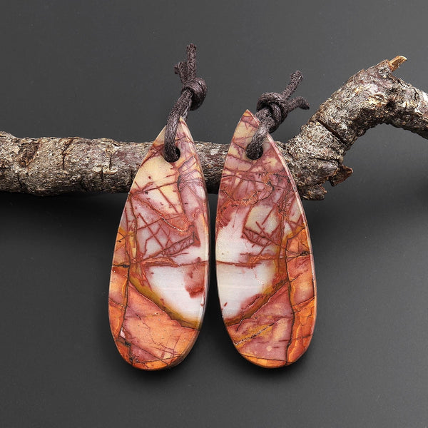 Hand Cut Natural Red Creek Jasper Smooth Flat Teardrop Earring Pendant Bead Pair Aka Multicolor Picasso Jasper A3