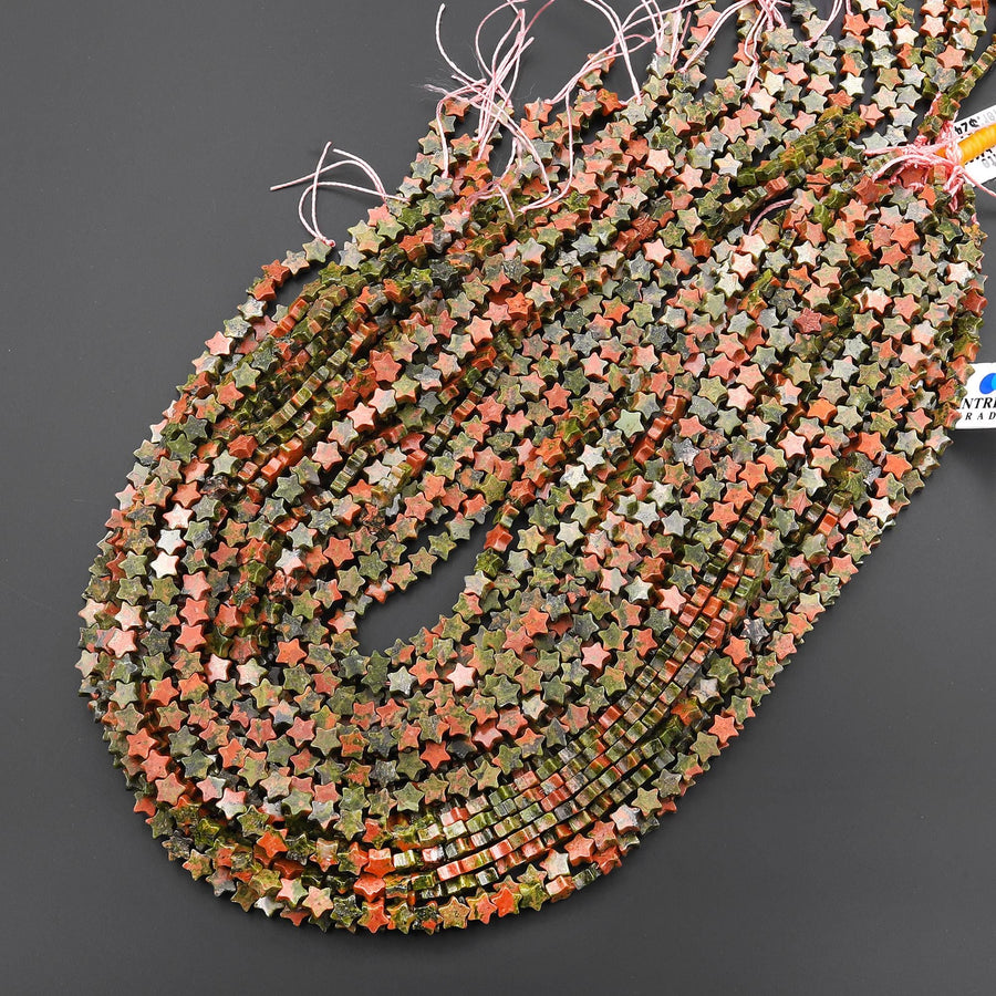 Natural Unakite Star Beads 6mm Carved Gemstone 15.5" Strand