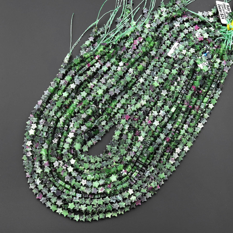 Natural Ruby Zoisite Star Beads 6mm Carved Gemstone 15.5" Strand