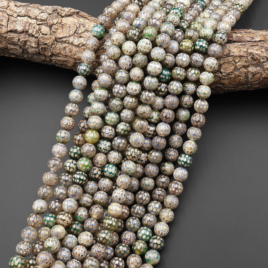 Tibetan Agate 8mm 10mm Round Beads Brown Dzi Agate Golden Green Cosmic Dots Mala Antique Boho Beads 15.5" Strand