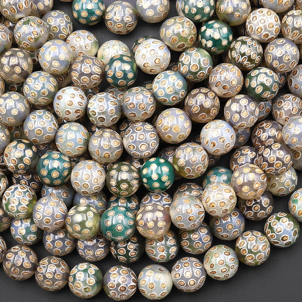 Tibetan Agate 8mm 10mm Round Beads Brown Dzi Agate Golden Green Cosmic Dots Mala Antique Boho Beads 15.5" Strand