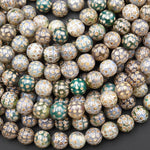 Tibetan Agate 8mm 10mm Round Beads Brown Dzi Agate Golden Green Cosmic Dots Mala Antique Boho Beads 15.5" Strand