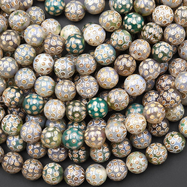 Tibetan Agate 8mm 10mm Round Beads Brown Dzi Agate Golden Green Cosmic Dots Mala Antique Boho Beads 15.5" Strand