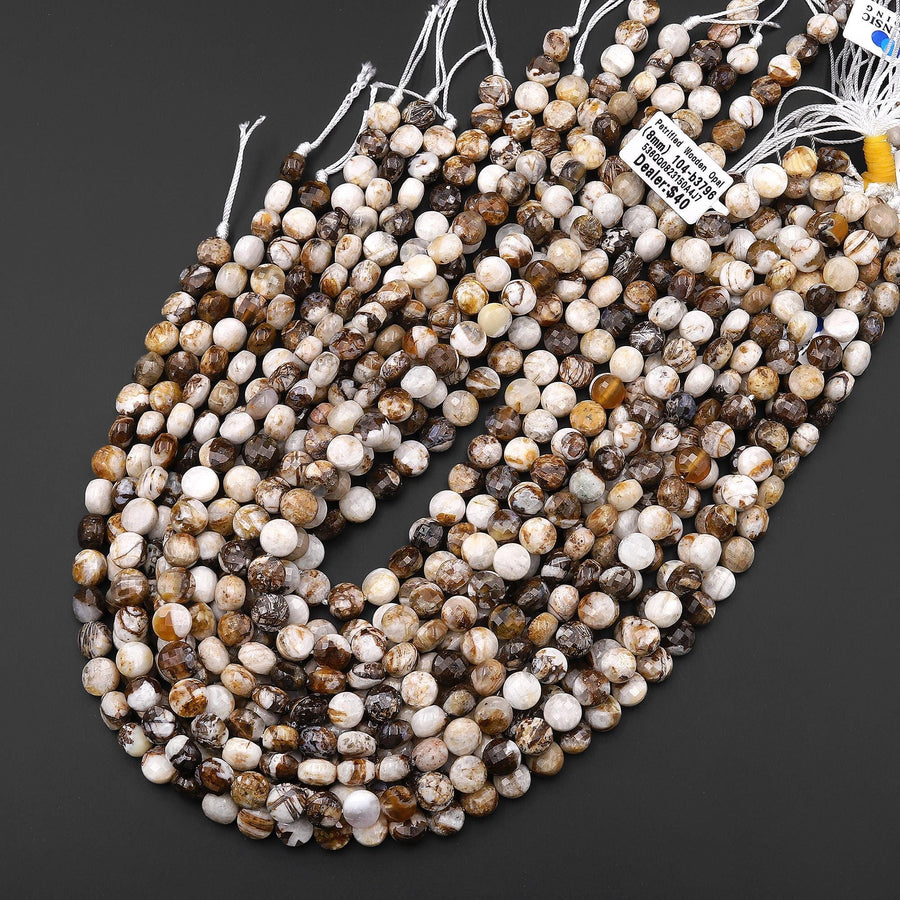 Faceted Natural Petrified Wooden Opal Coin Beads 8mm Earthy Beige Brown Yellow Gray Natural Stone 15.5" Strand