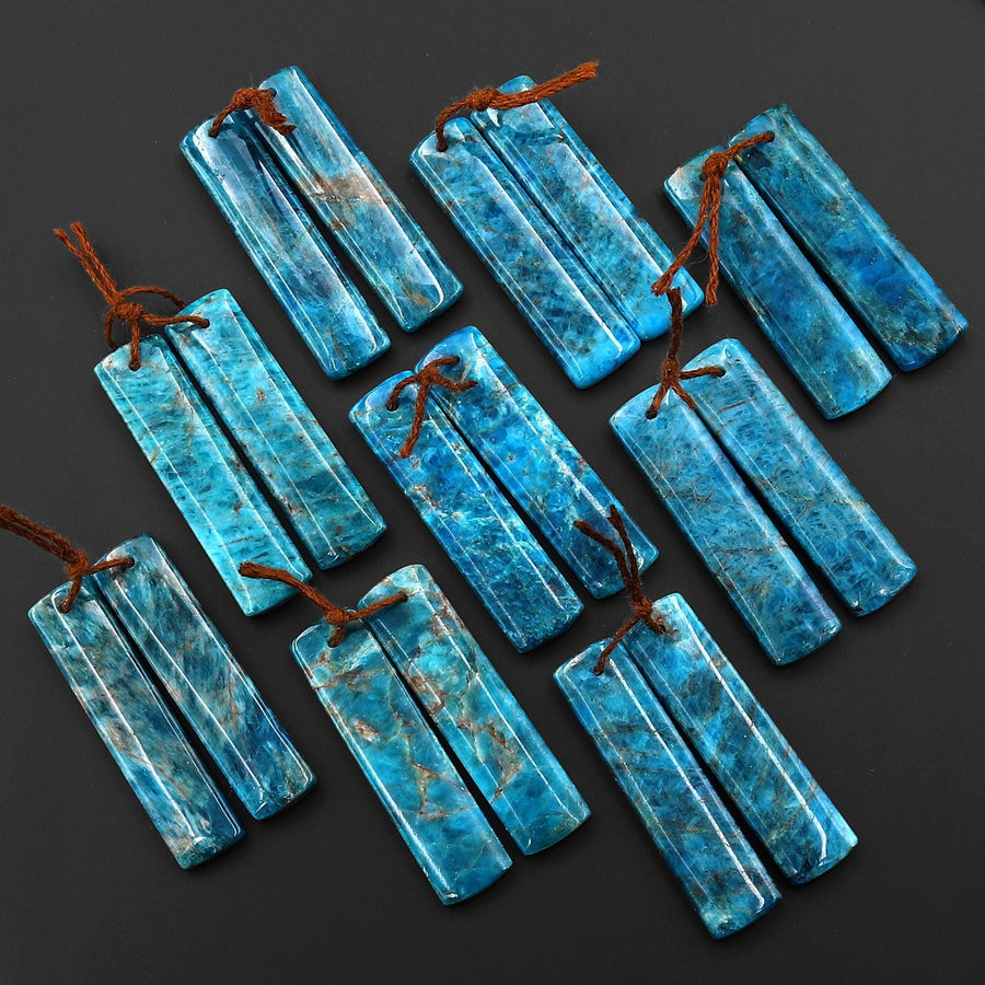Natural Teal Blue Apatite Long Rectangle Earrings Drilled Matched Gemstone Beads Pair