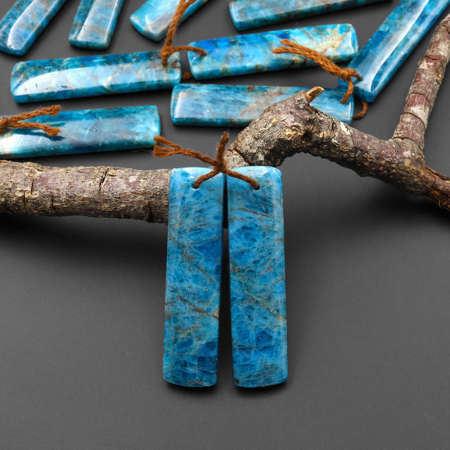 Natural Teal Blue Apatite Long Rectangle Earrings Drilled Matched Gemstone Beads Pair A1