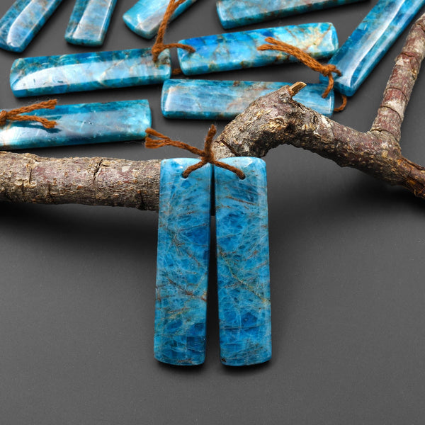 Natural Teal Blue Apatite Long Rectangle Earrings Drilled Matched Gemstone Beads Pair A1
