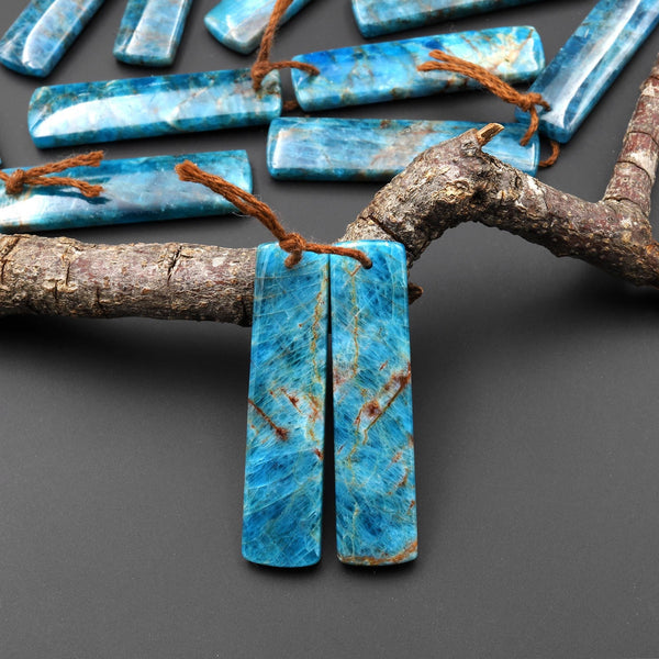Natural Teal Blue Apatite Long Rectangle Earrings Drilled Matched Gemstone Beads Pair A2