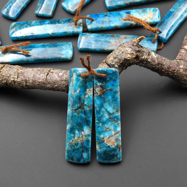 Natural Teal Blue Apatite Long Rectangle Earrings Drilled Matched Gemstone Beads Pair A3