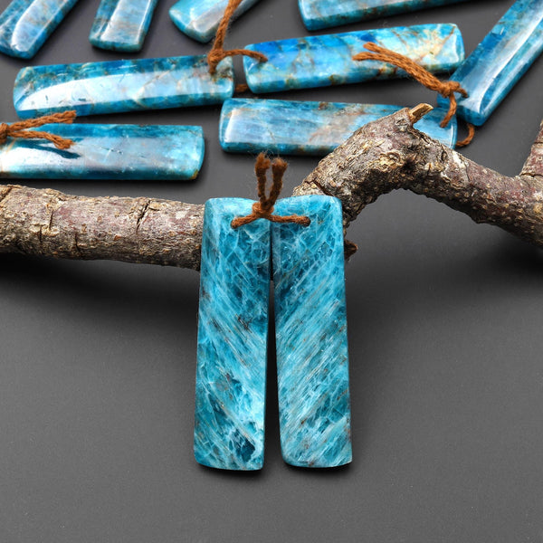 Natural Teal Blue Apatite Long Rectangle Earrings Drilled Matched Gemstone Beads Pair A7
