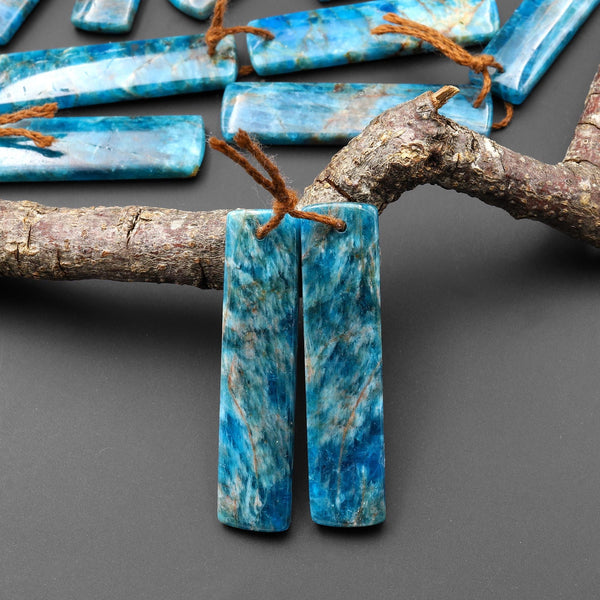 Natural Teal Blue Apatite Long Rectangle Earrings Drilled Matched Gemstone Beads Pair A8