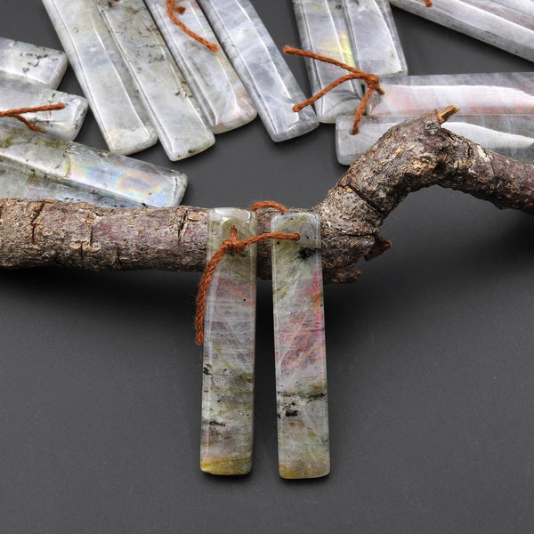 Natural Rainbow Labradorite Smooth Teardrop Earrings Drilled Matched Gemstone Bead Pair A4