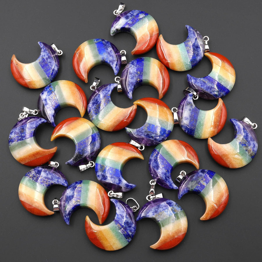 AAA Rainbow Chakra Crystal Crescent Moon Pendant Healing Natural Gemstone Jewelry