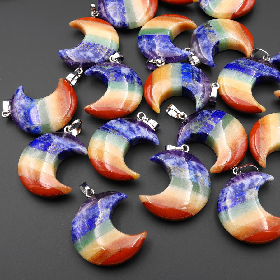 AAA Rainbow Chakra Crystal Crescent Moon Pendant Healing Natural Gemstone Jewelry