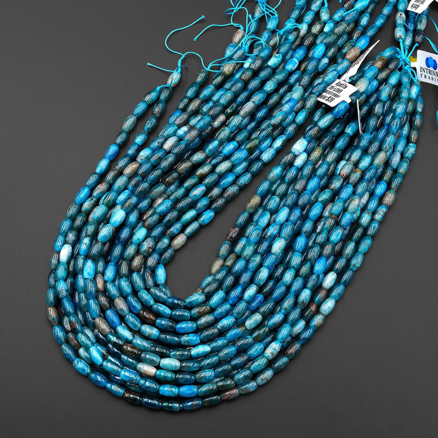 Natural Teal Blue Apatite Smooth Drum Barrel Rice Beads 5x9mm 15.5" Strand