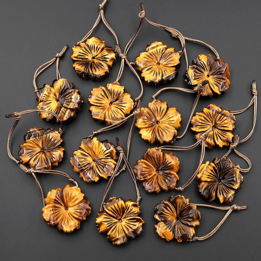 AAA Hand Carved Natural Golden Tiger's Eye Flower Pendant Drilled Gemstone Focal Bead