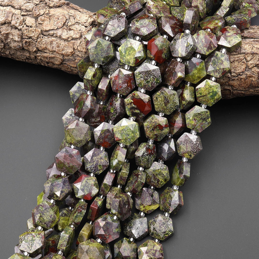 AAA Faceted Natural Dragon Blood Jasper Geometric Hexagon Coin 12mm Gemstone 15.5" Strand