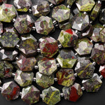 AAA Faceted Natural Dragon Blood Jasper Geometric Hexagon Coin 12mm Gemstone 15.5" Strand