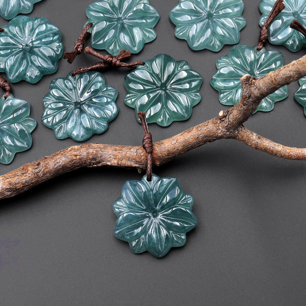 Hand Carved Natural Blue Green Guatemalan Jade Flower Drilled Gemstone Pendant