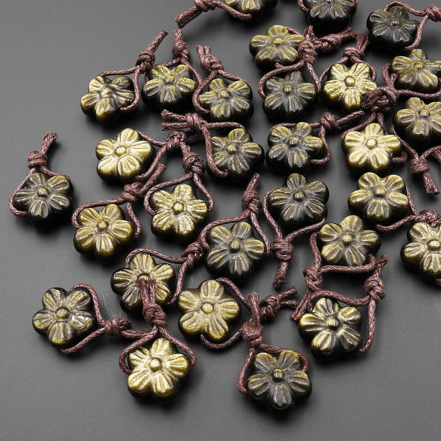 AAA Hand Carved Natural Golden Obsidian Cherry Blossom Flower Pendant Side Drilled Gemstone Focal Bead