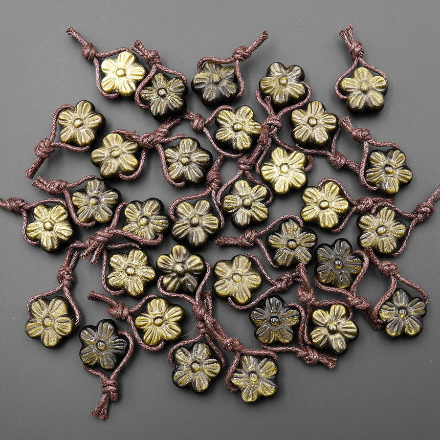 AAA Hand Carved Natural Golden Obsidian Cherry Blossom Flower Pendant Side Drilled Gemstone Focal Bead