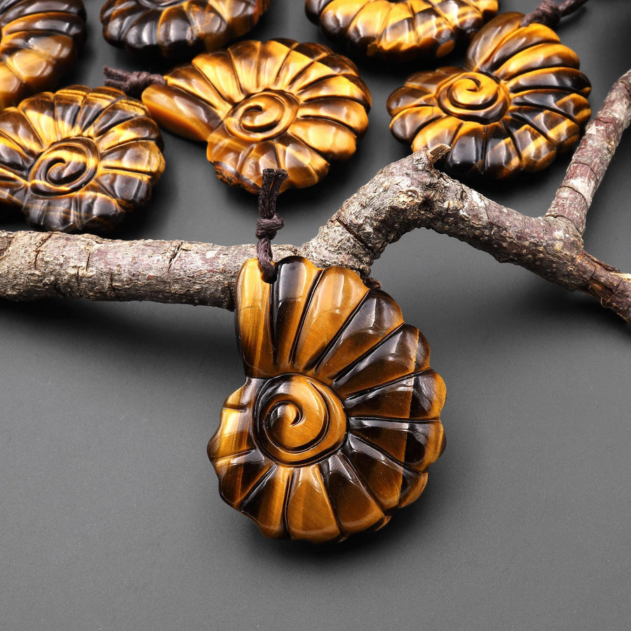 AAA Hand Carved Natural Golden Tiger's Eye Tiger Ammonite Pendant Gemstone Focal Bead