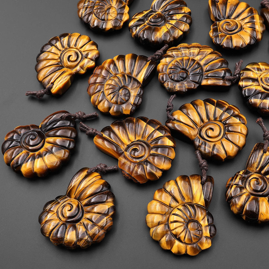 AAA Hand Carved Natural Golden Tiger's Eye Tiger Ammonite Pendant Gemstone Focal Bead