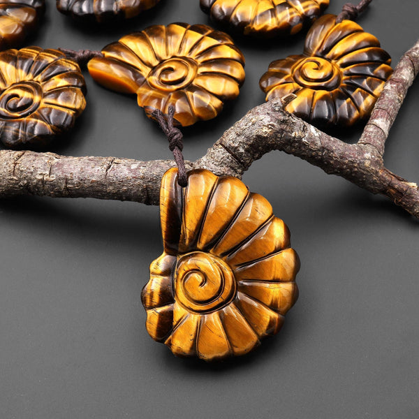 AAA Hand Carved Natural Golden Tiger's Eye Tiger Ammonite Pendant Gemstone Focal Bead