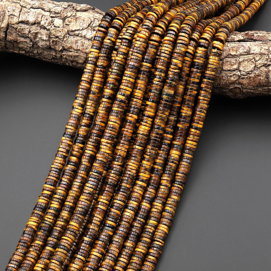 Natural Golden Brown Tiger's Eye 6mm Smooth Thin Heishi Beads 15.5" Strand