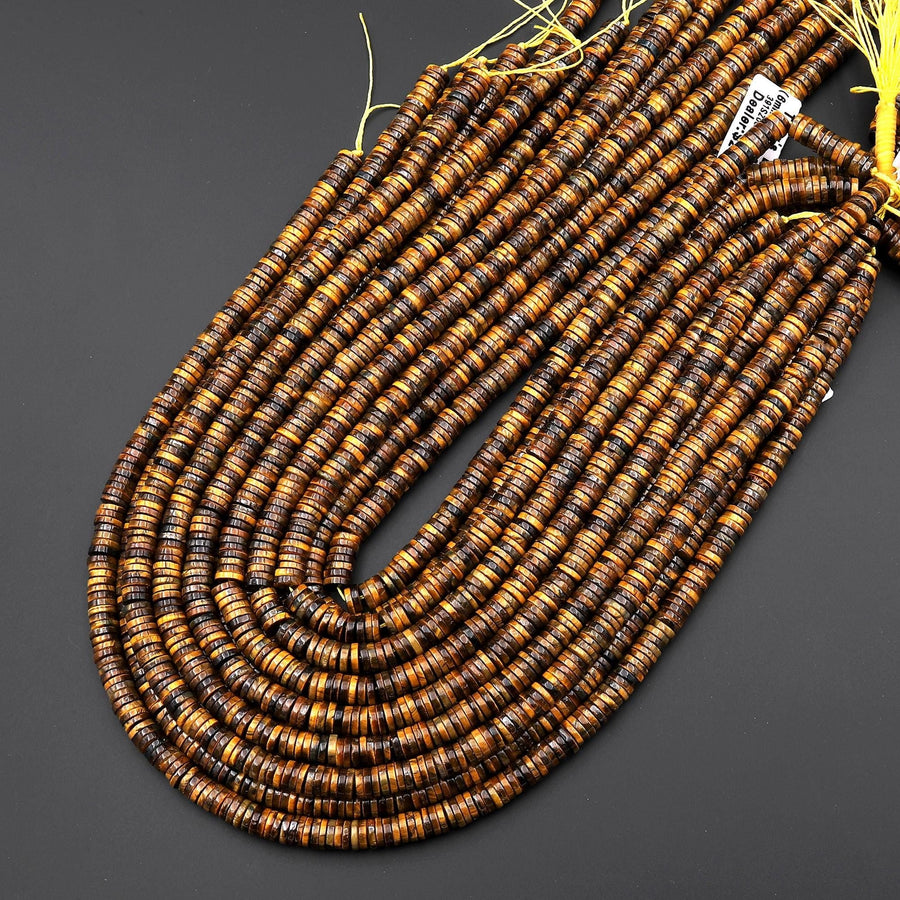 Natural Golden Brown Tiger's Eye 6mm Smooth Thin Heishi Beads 15.5" Strand