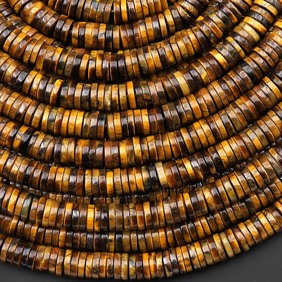 Natural Golden Brown Tiger's Eye 6mm Smooth Thin Heishi Beads 15.5" Strand